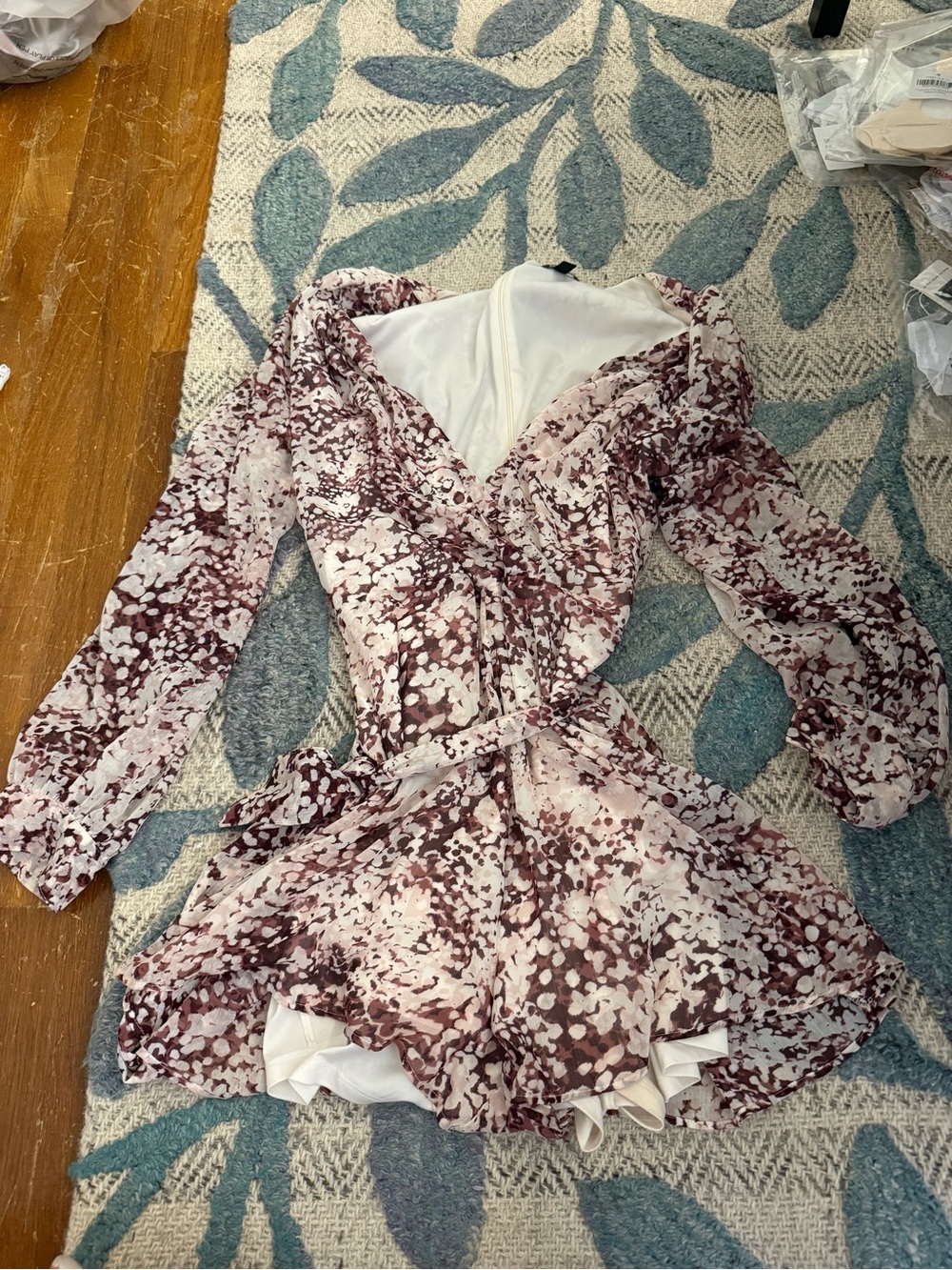 Express Long Sleeve Floral Wrap Mini Romper in Mauve and White